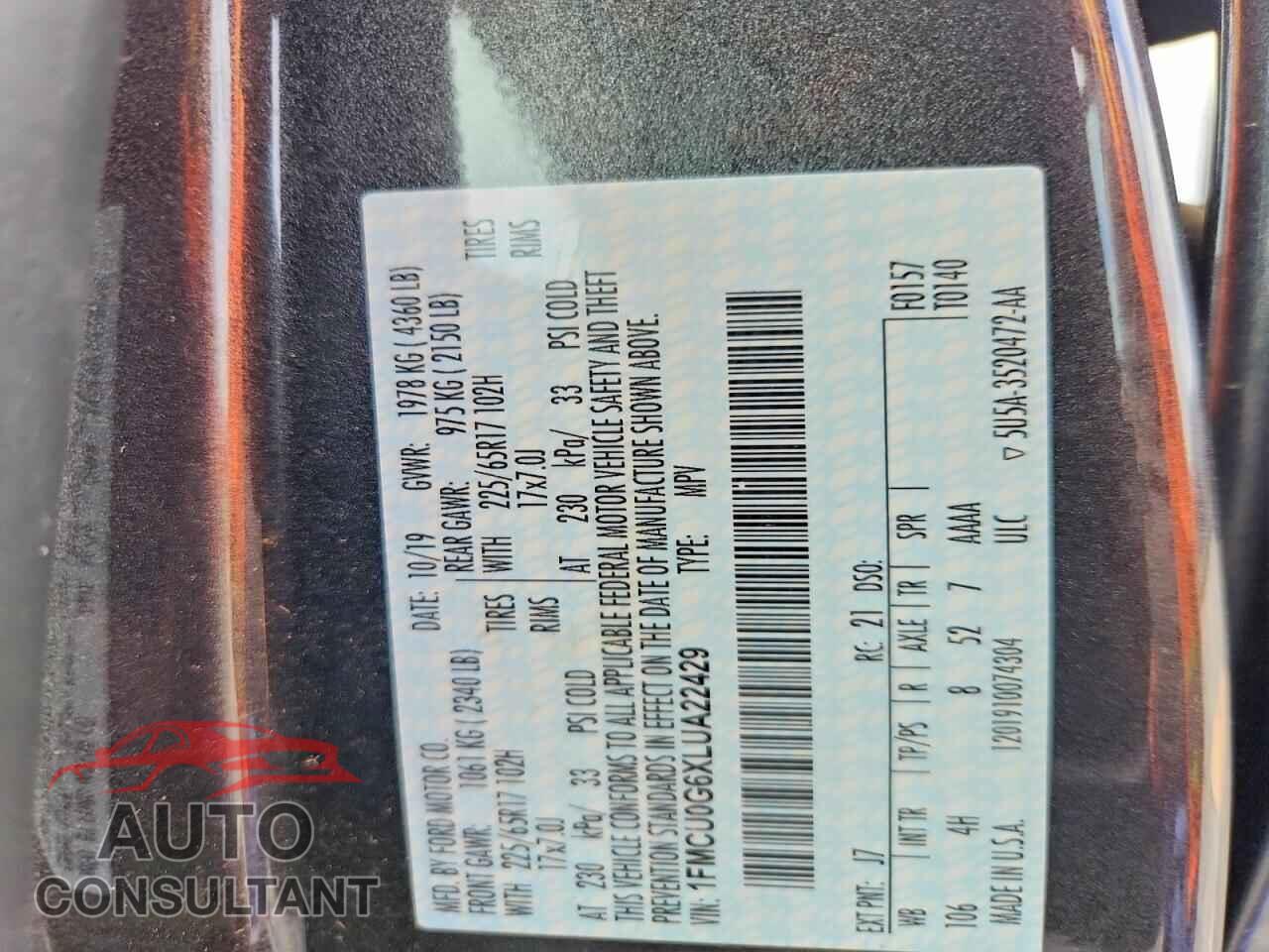 FORD ESCAPE 2020 - 1FMCU0G6XLUA22429