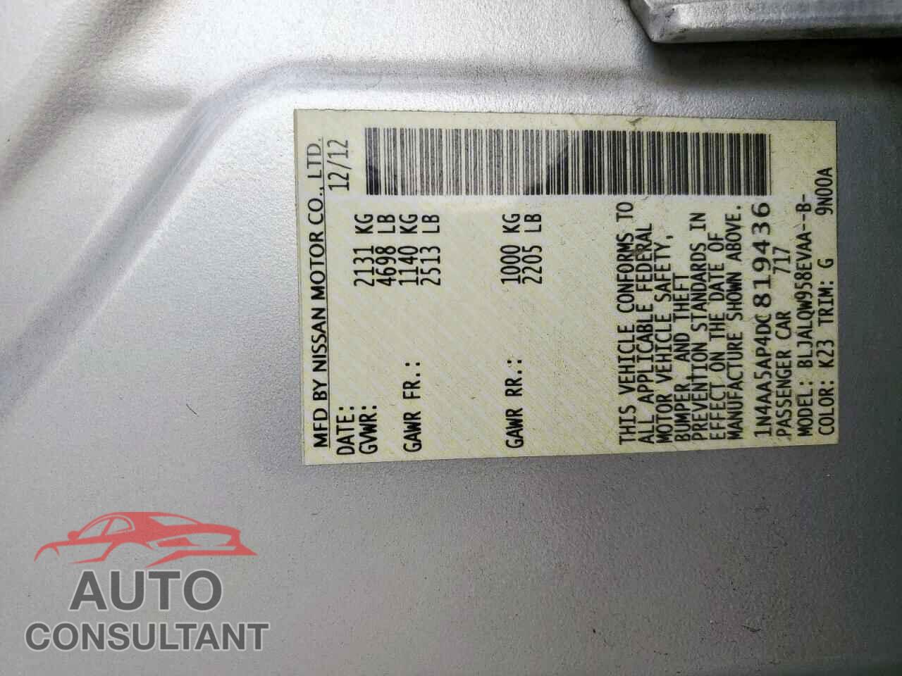 NISSAN MAXIMA 2013 - 1N4AA5AP4DC819436