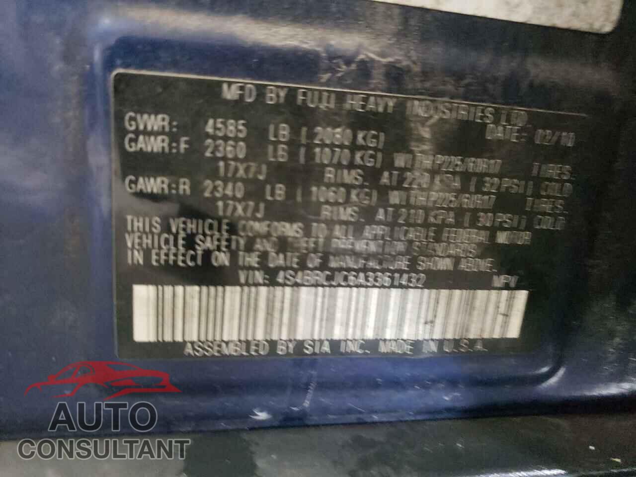 SUBARU OUTBACK 2010 - 4S4BRCJC6A3361432