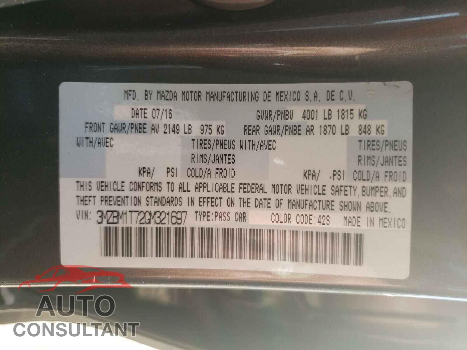 MAZDA 3 2016 - 3MZBM1T72GM321697