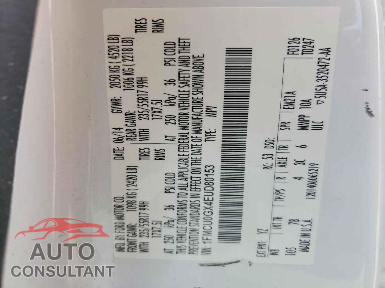 FORD ESCAPE 2014 - 1FMCU0GX4EUD80153