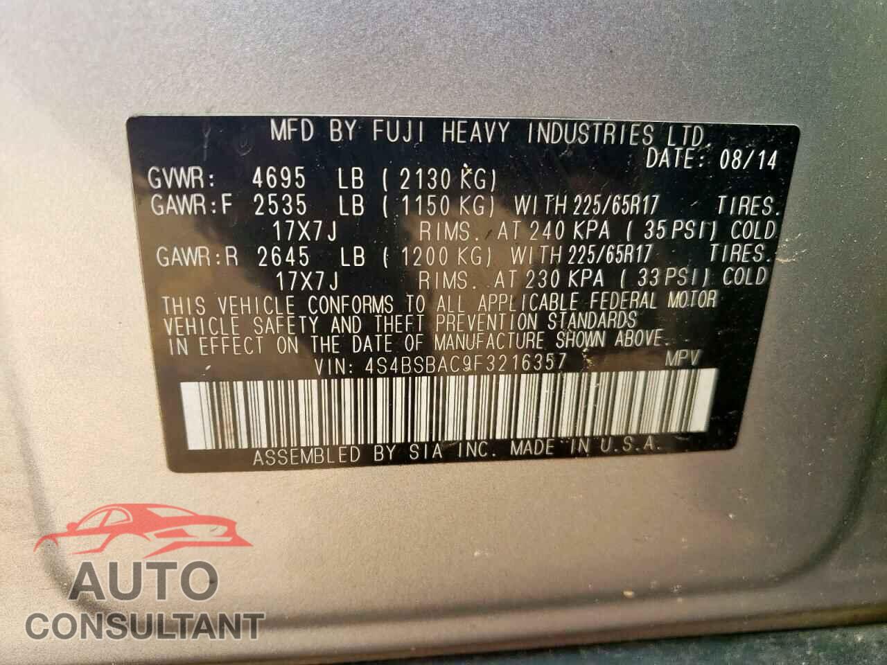 SUBARU OUTBACK 2015 - 4S4BSBAC9F3216357