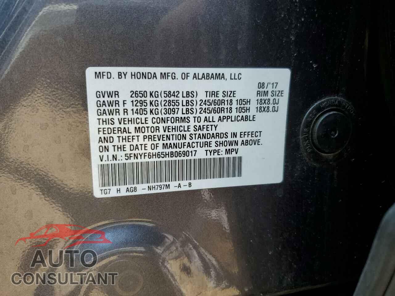 HONDA PILOT 2017 - 5FNYF6H65HB069017