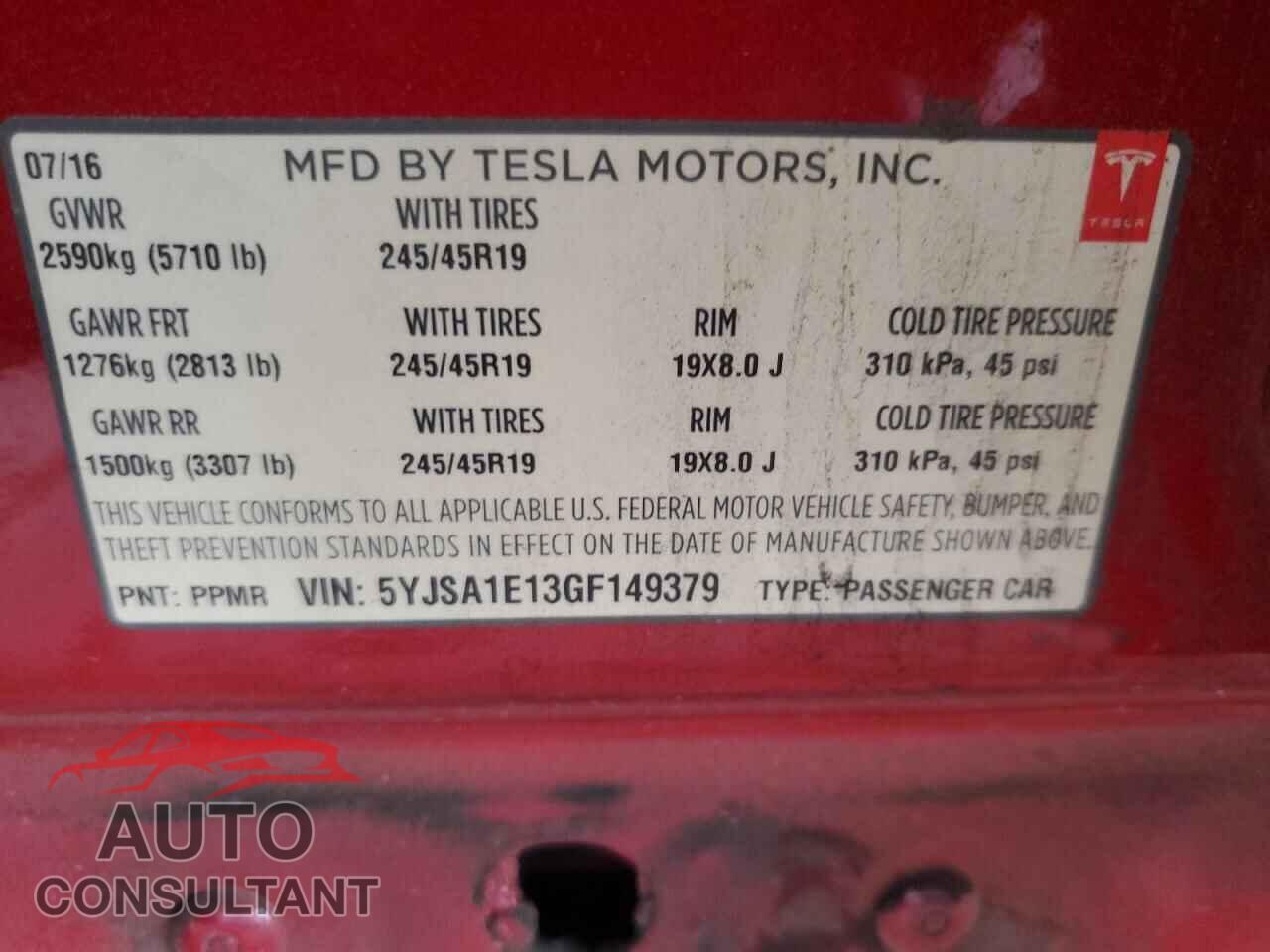 TESLA MODEL S 2016 - 5YJSA1E13GF149379