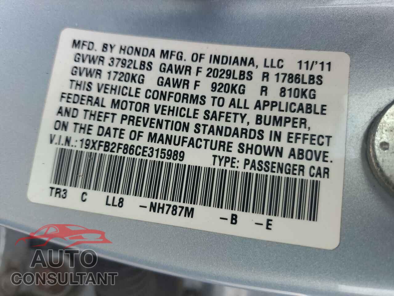 HONDA CIVIC 2012 - 19XFB2F86CE315989