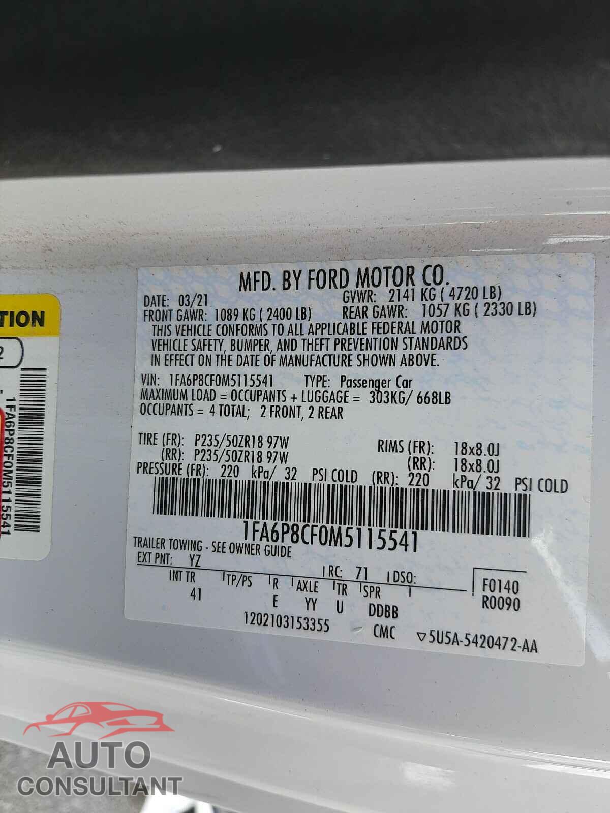 FORD MUSTANG 2021 - 1FA6P8CF0M5115541