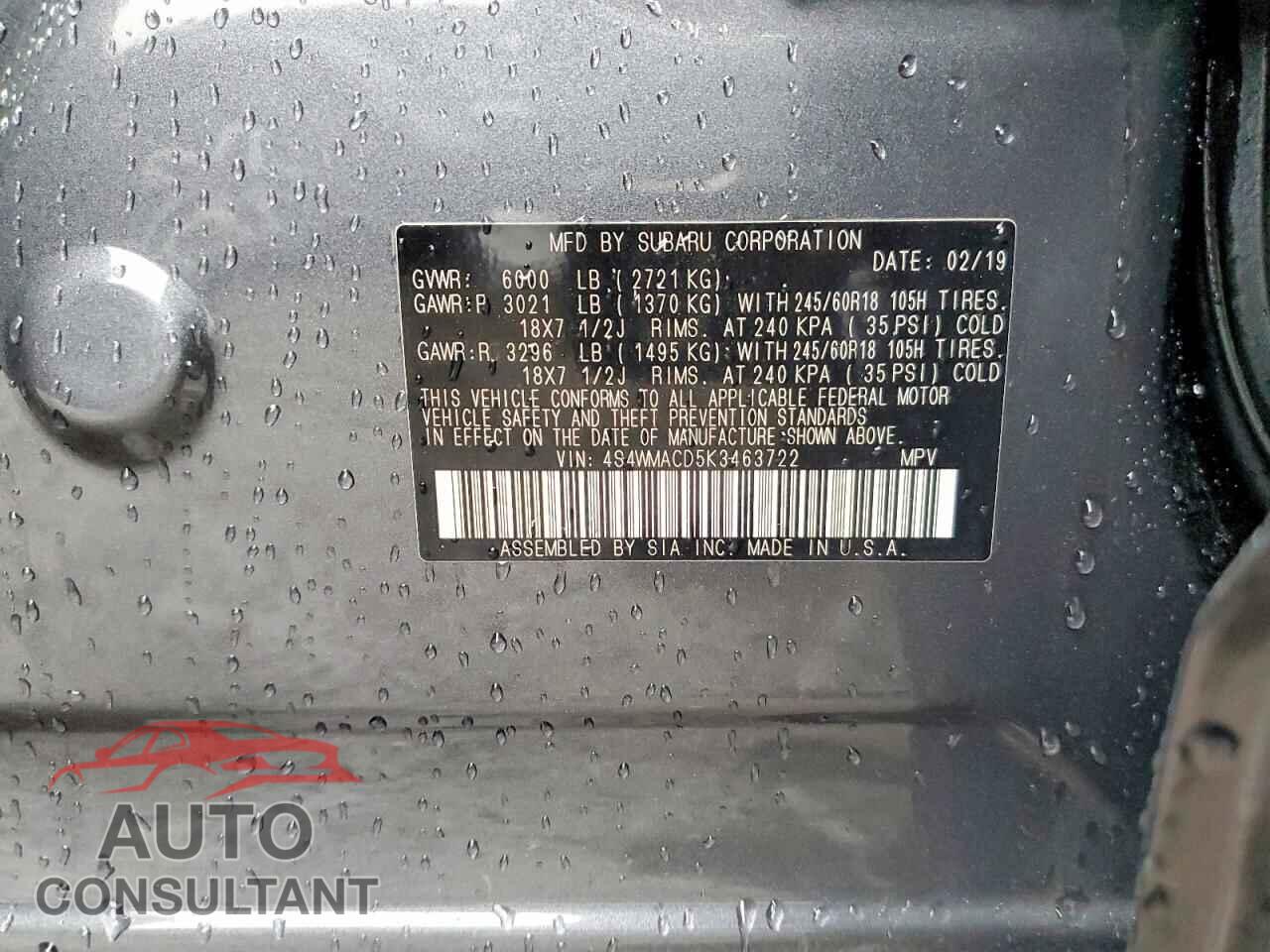 SUBARU ASCENT 2019 - 4S4WMACD5K3463722