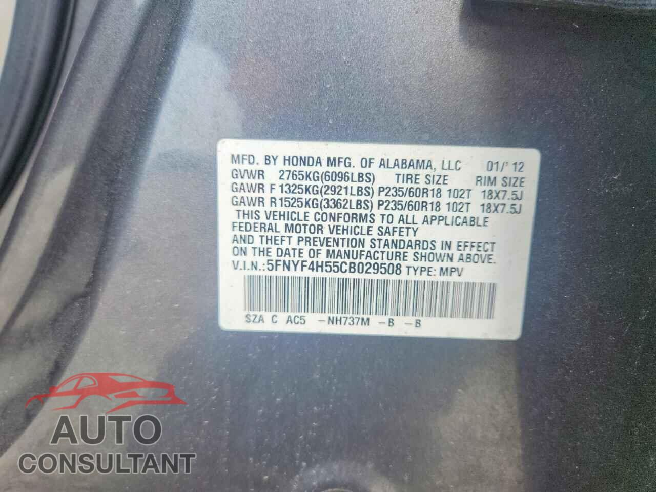 HONDA PILOT 2012 - 5FNYF4H55CB029508