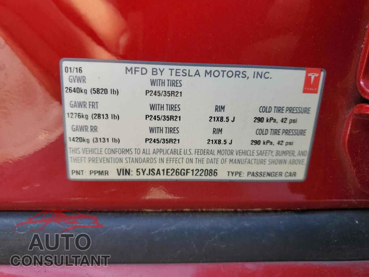 TESLA MODEL S 2016 - 5YJSA1E26GF122086