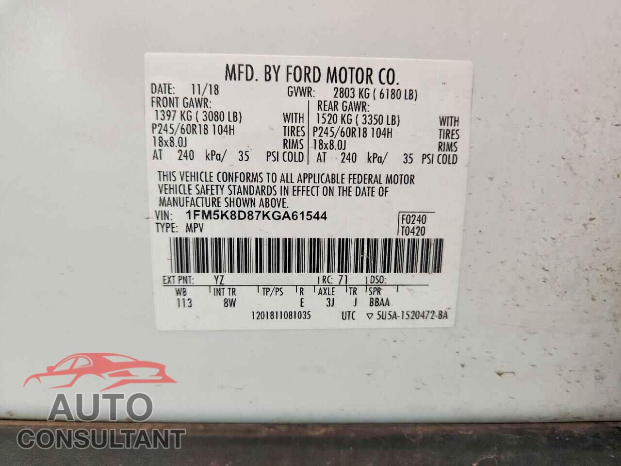 FORD EXPLORER 2019 - 1FM5K8D87KGA61544