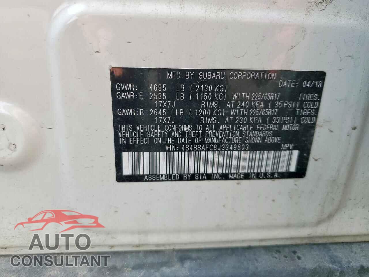 SUBARU OUTBACK 2018 - 4S4BSAFC8J3349803