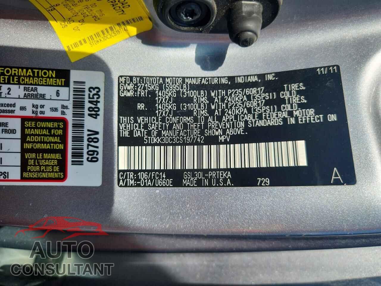 TOYOTA SIENNA 2012 - 5TDKK3DC3CS197742