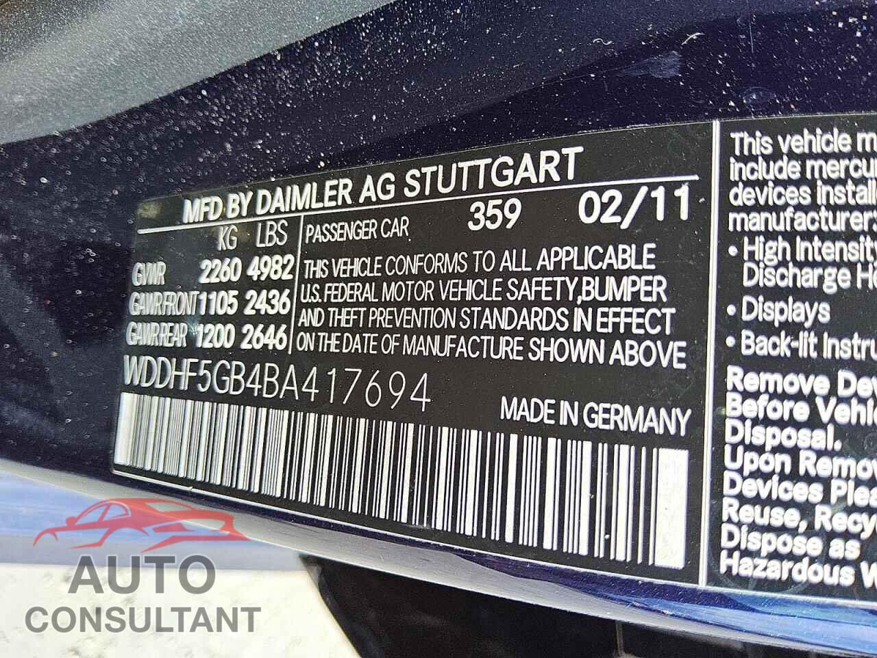 MERCEDES-BENZ E-CLASS 2011 - WDDHF5GB4BA417694