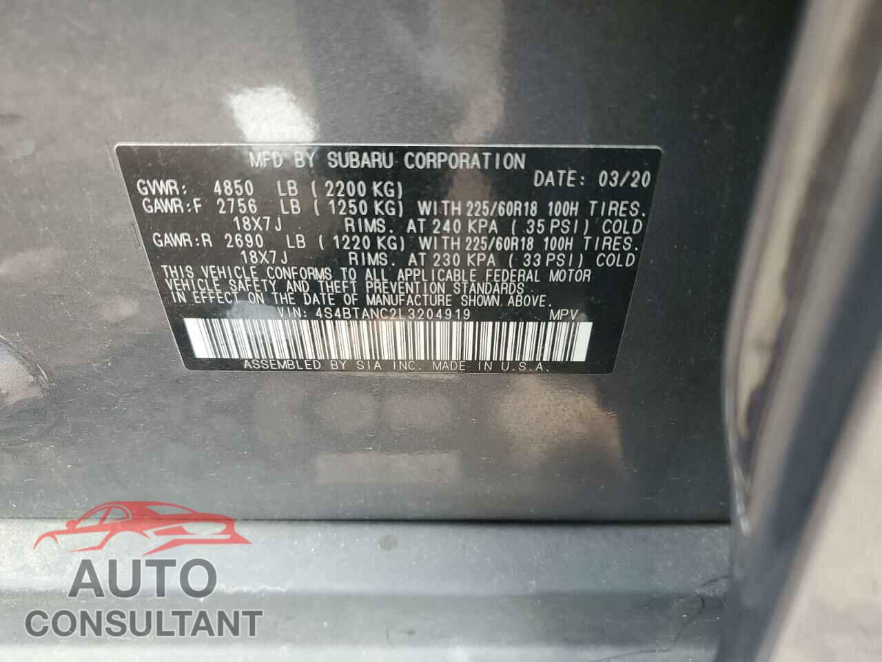 SUBARU OUTBACK 2020 - 4S4BTANC2L3204919