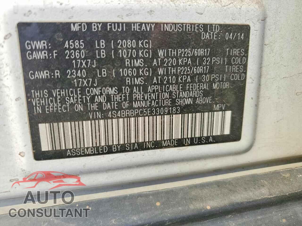 SUBARU OUTBACK 2014 - 4S4BRBPC5E3309183