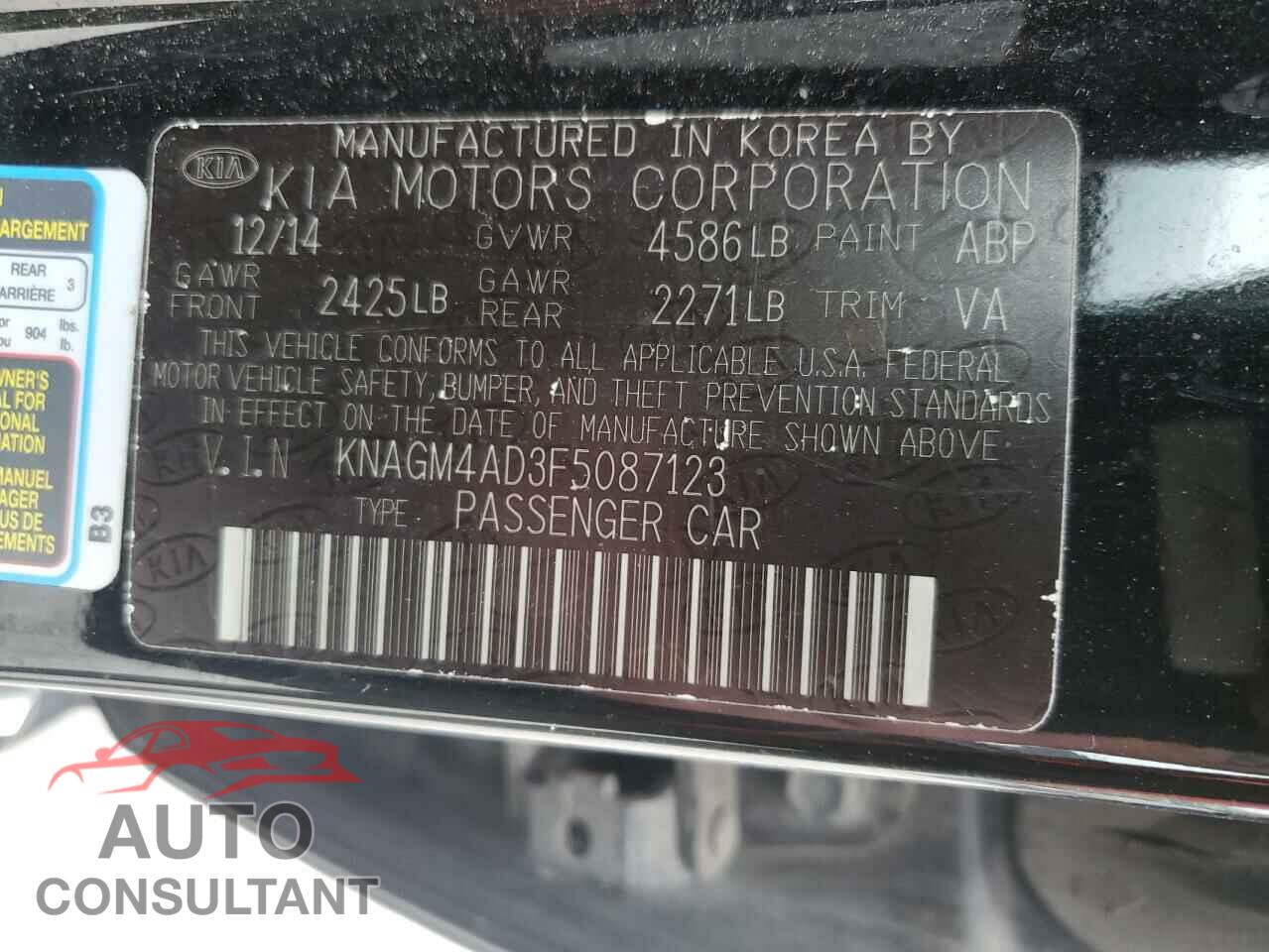 KIA OPTIMA 2015 - KNAGM4AD3F5087123
