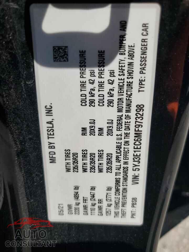TESLA MODEL 3 2021 - 5YJ3E1EC6MF973298