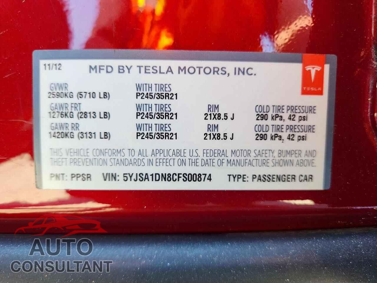 TESLA MODEL S 2012 - 5YJSA1DN8CFS00874