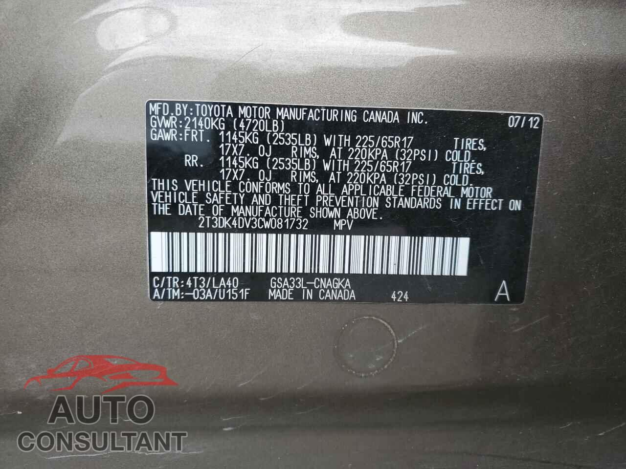 TOYOTA RAV4 2012 - 2T3DK4DV3CW081732