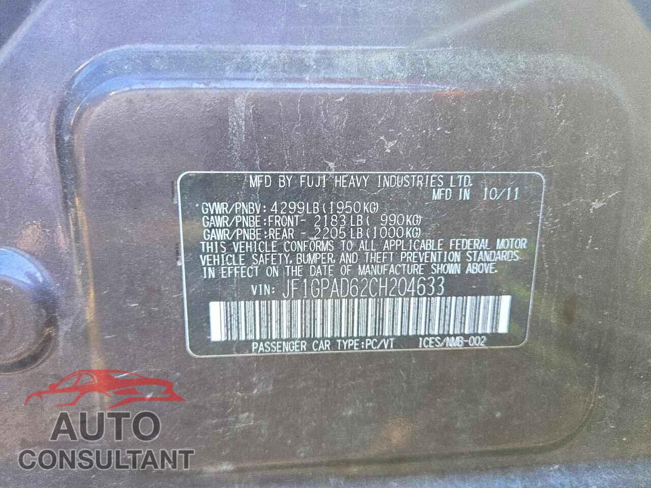 SUBARU IMPREZA 2012 - JF1GPAD62CH204633