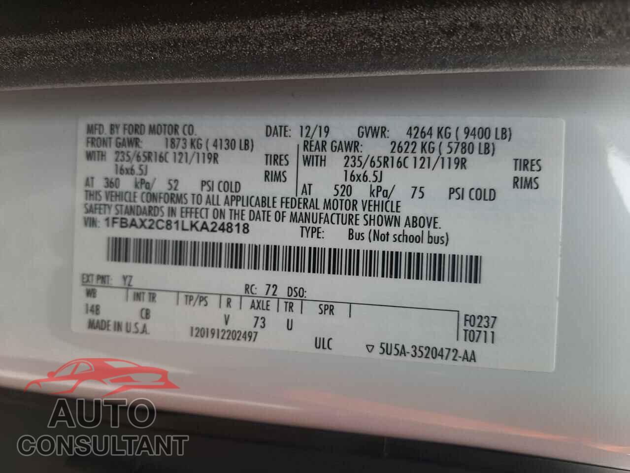 FORD TRANSIT 2020 - 1FBAX2C81LKA24818
