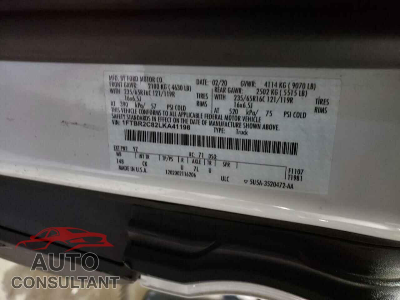 FORD TRANSIT CO 2020 - 1FTBR2C82LKA41198
