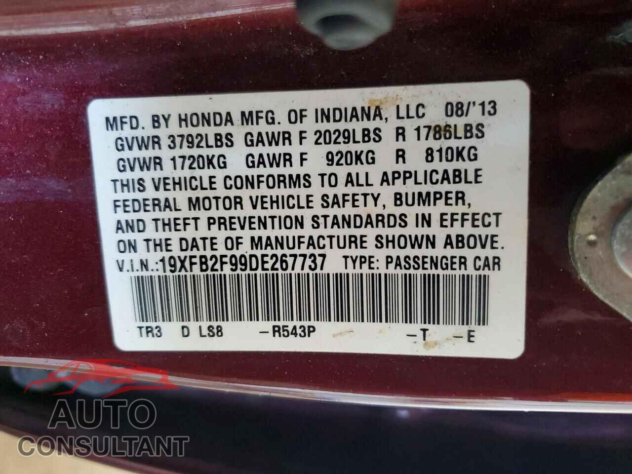 HONDA CIVIC 2013 - 19XFB2F99DE267737