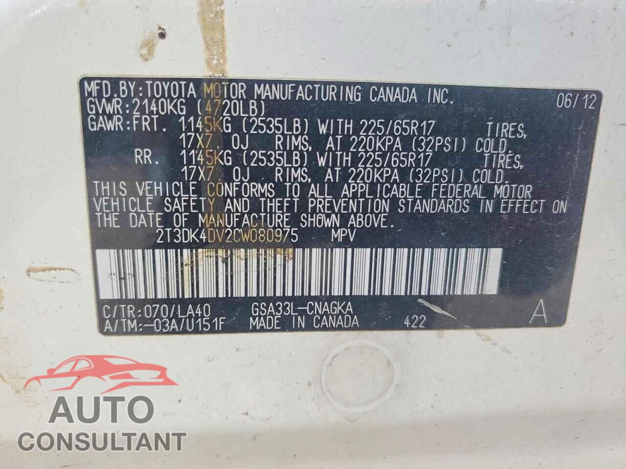 TOYOTA RAV4 2012 - 2T3DK4DV2CW080975