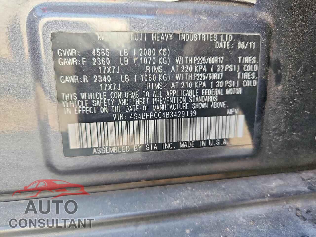 SUBARU OUTBACK 2011 - 4S4BRBCC4B3429199