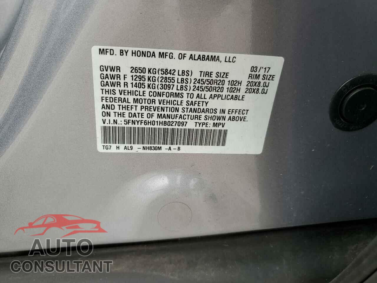 HONDA PILOT 2017 - 5FNYF6H01HB027097
