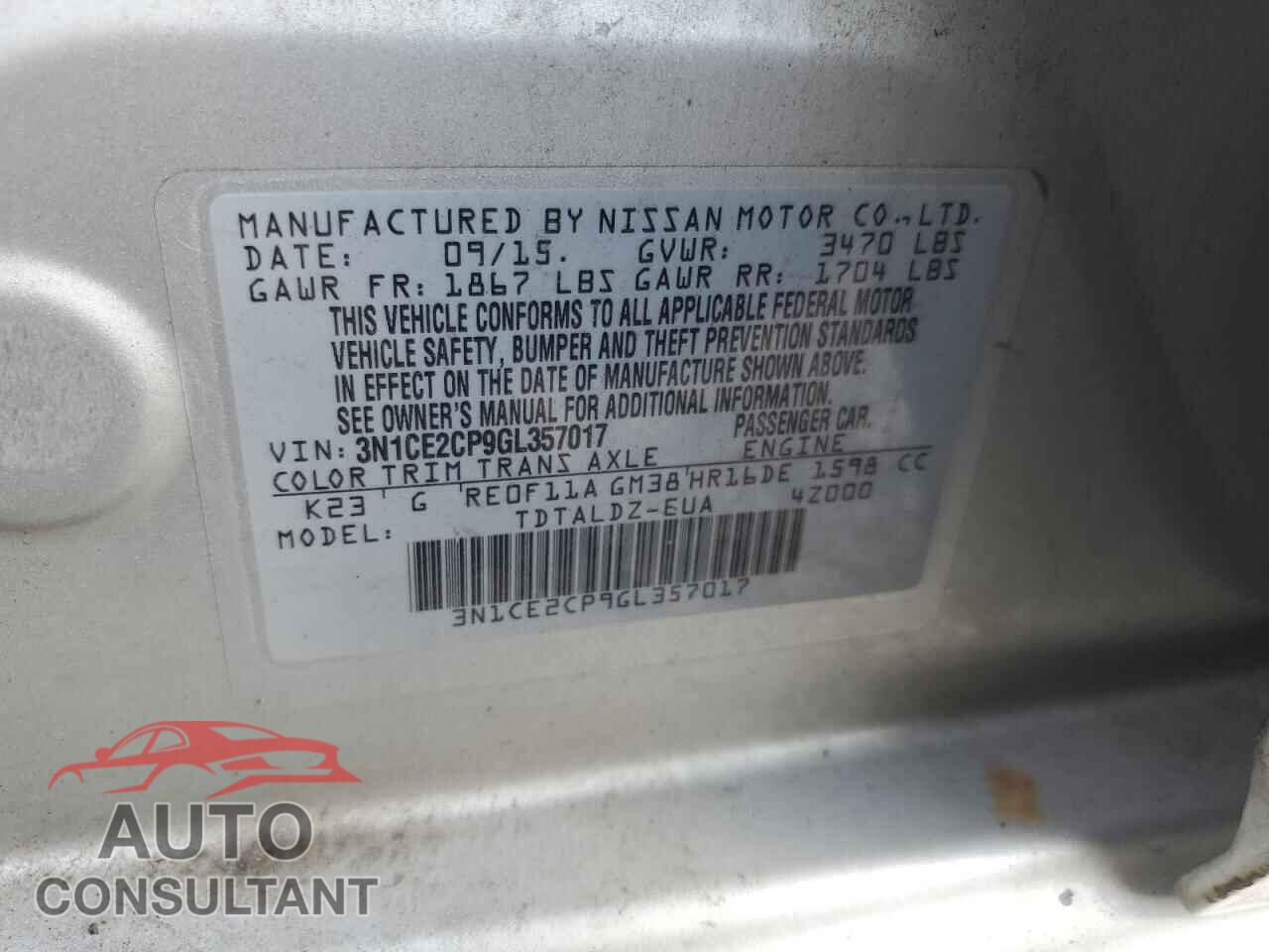 NISSAN VERSA 2016 - 3N1CE2CP9GL357017