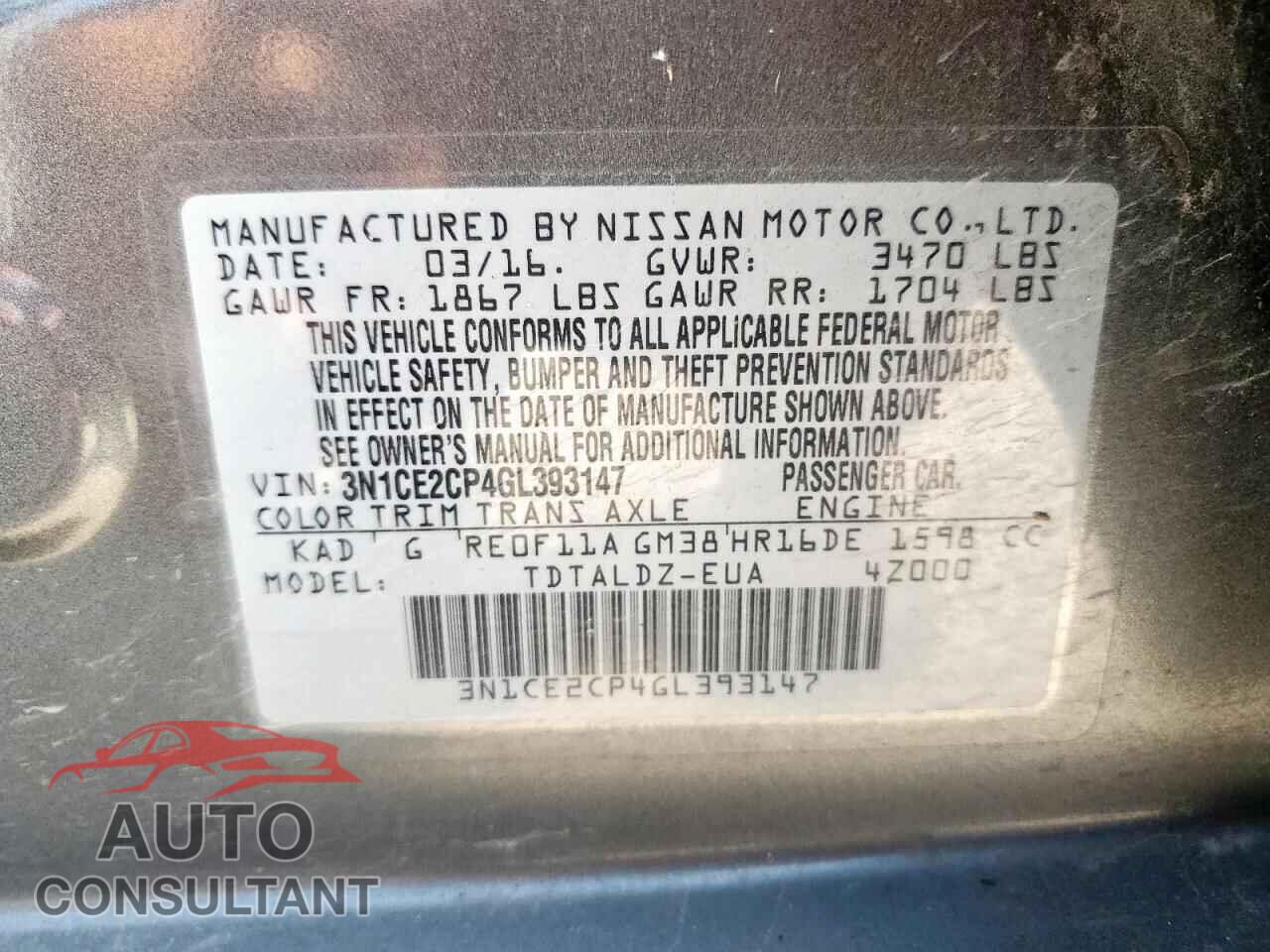 NISSAN VERSA 2016 - 3N1CE2CP4GL393147