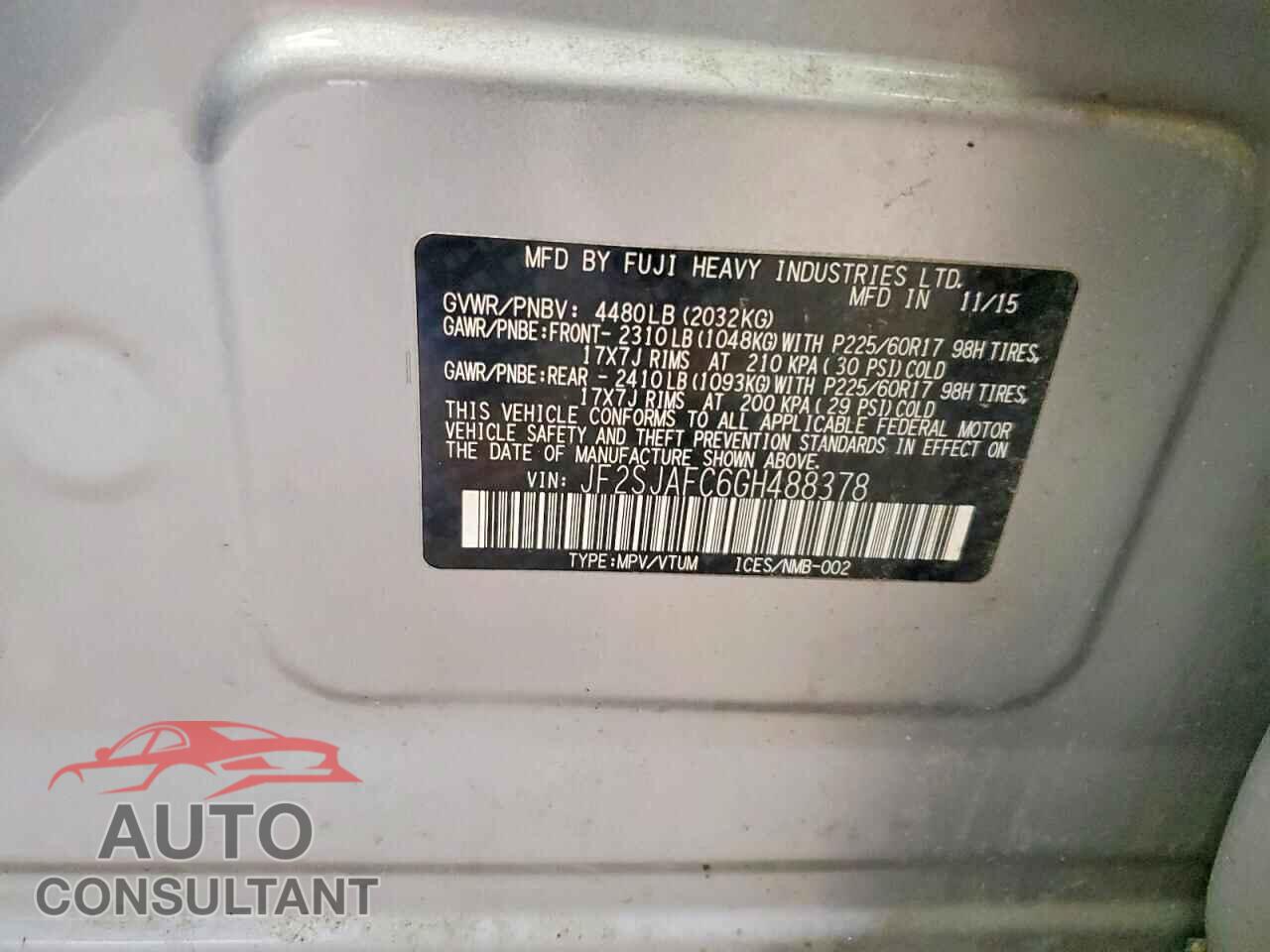 SUBARU FORESTER 2016 - JF2SJAFC6GH488378