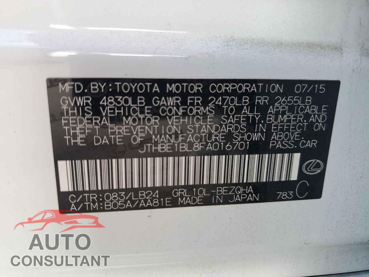 LEXUS GS350 2015 - JTHBE1BL8FA016701