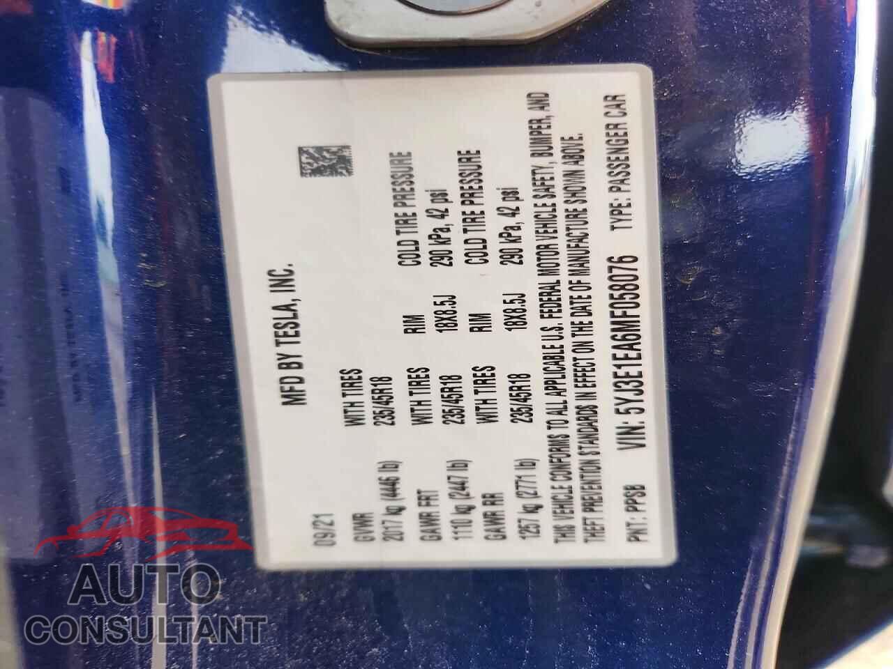 TESLA MODEL 3 2021 - 5YJ3E1EA6MF058076