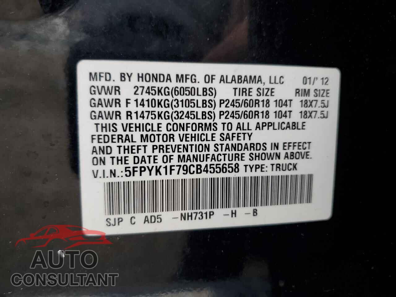 HONDA RIDGELINE 2012 - 5FPYK1F79CB455658