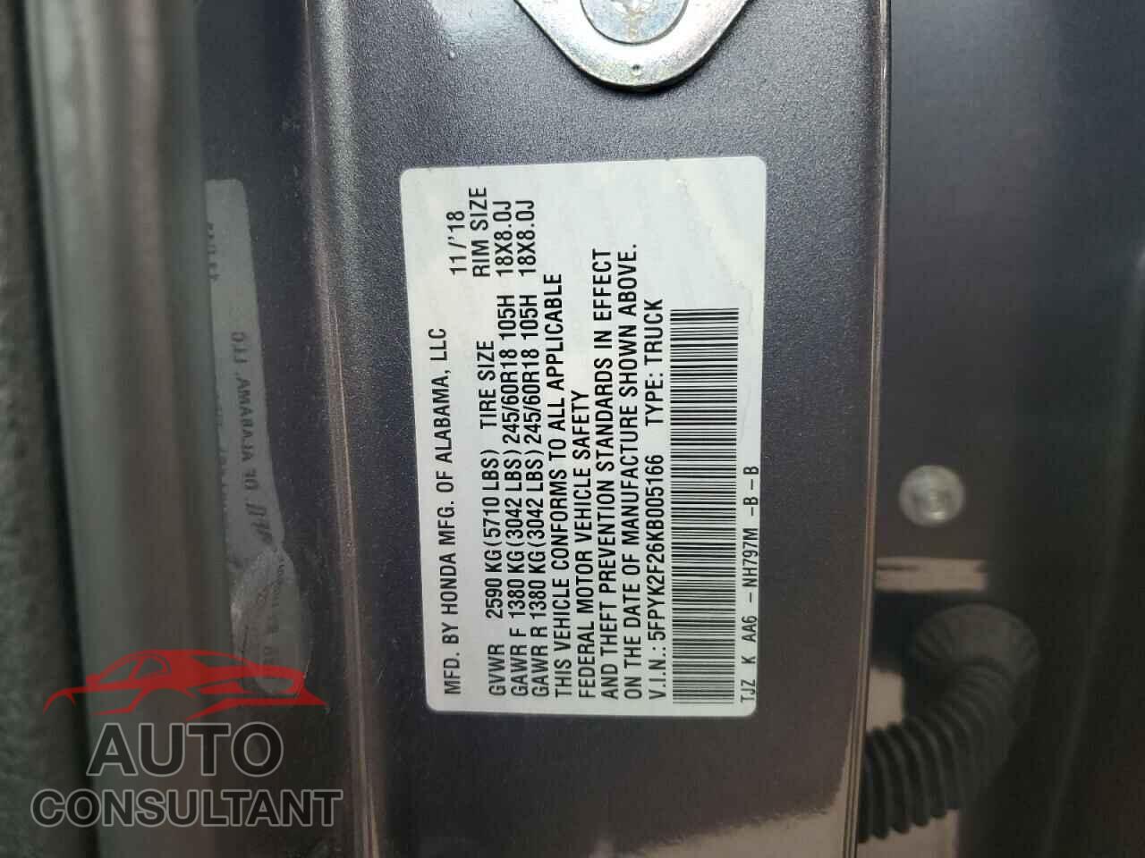 HONDA RIDGELINE 2019 - 5FPYK2F26KB005166