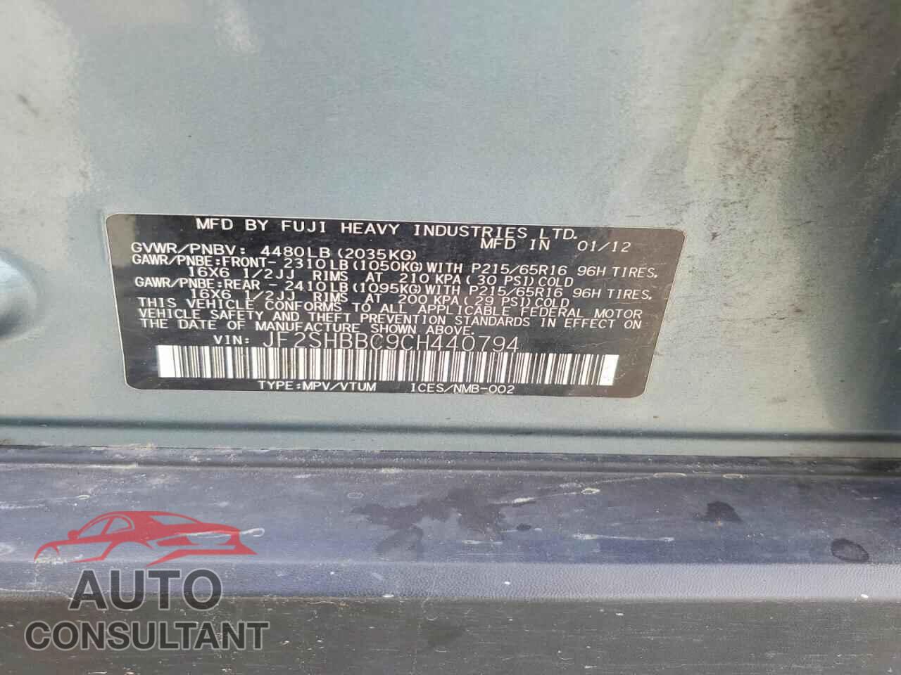 SUBARU FORESTER 2012 - JF2SHBBC9CH440794