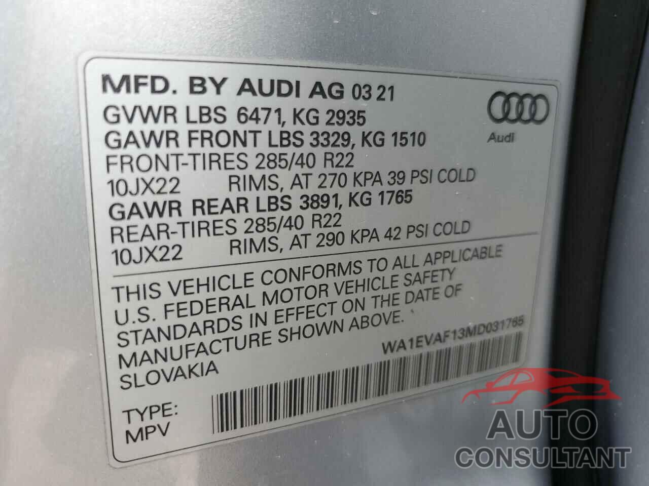 AUDI Q8 2021 - WA1EVAF13MD031765
