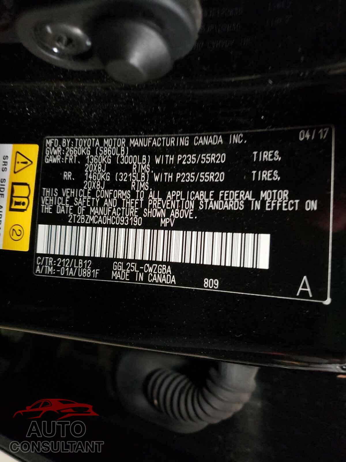 LEXUS RX350 2017 - 2T2BZMCA0HC093190