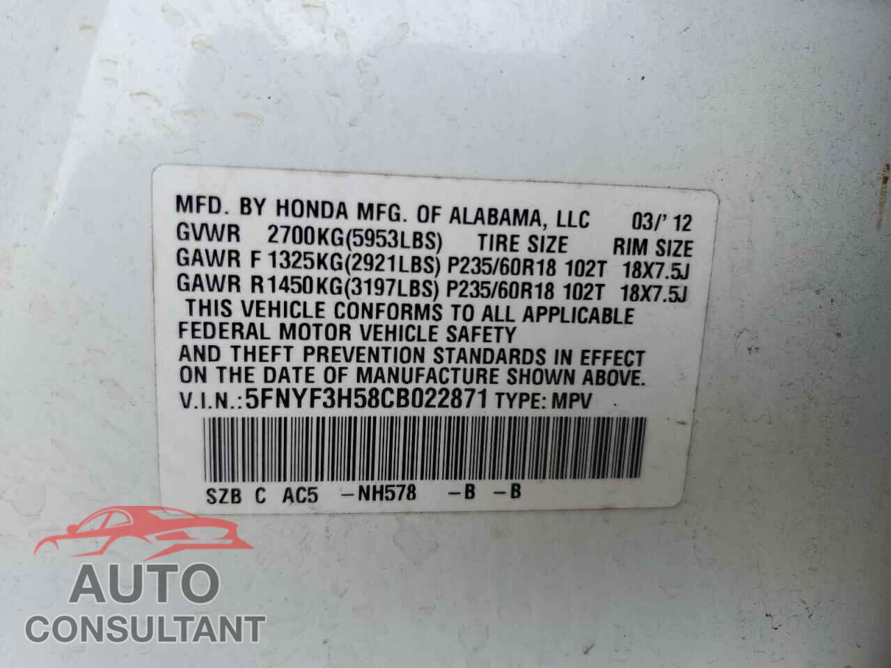 HONDA PILOT 2012 - 5FNYF3H58CB022871