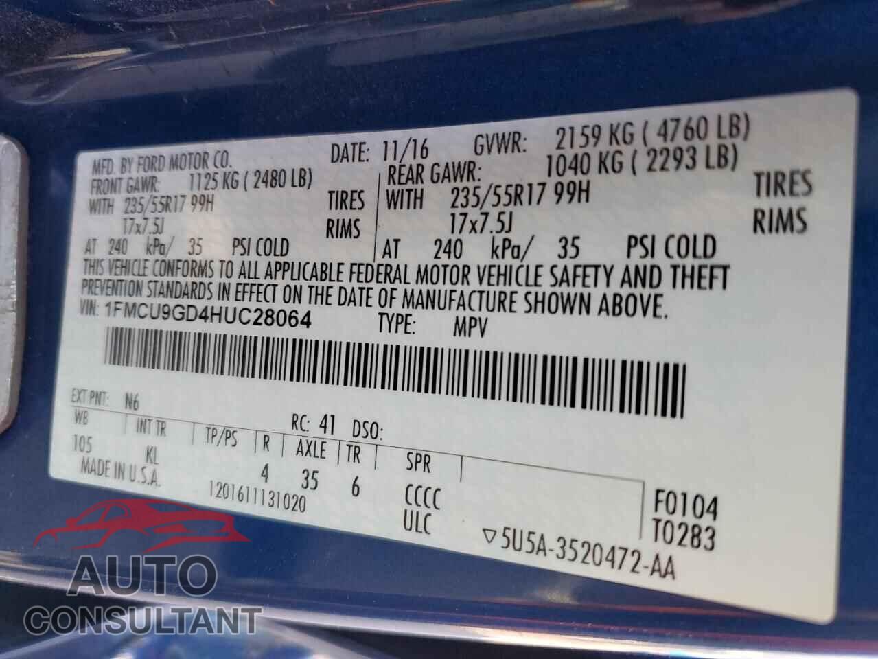 FORD ESCAPE 2017 - 1FMCU9GD4HUC28064