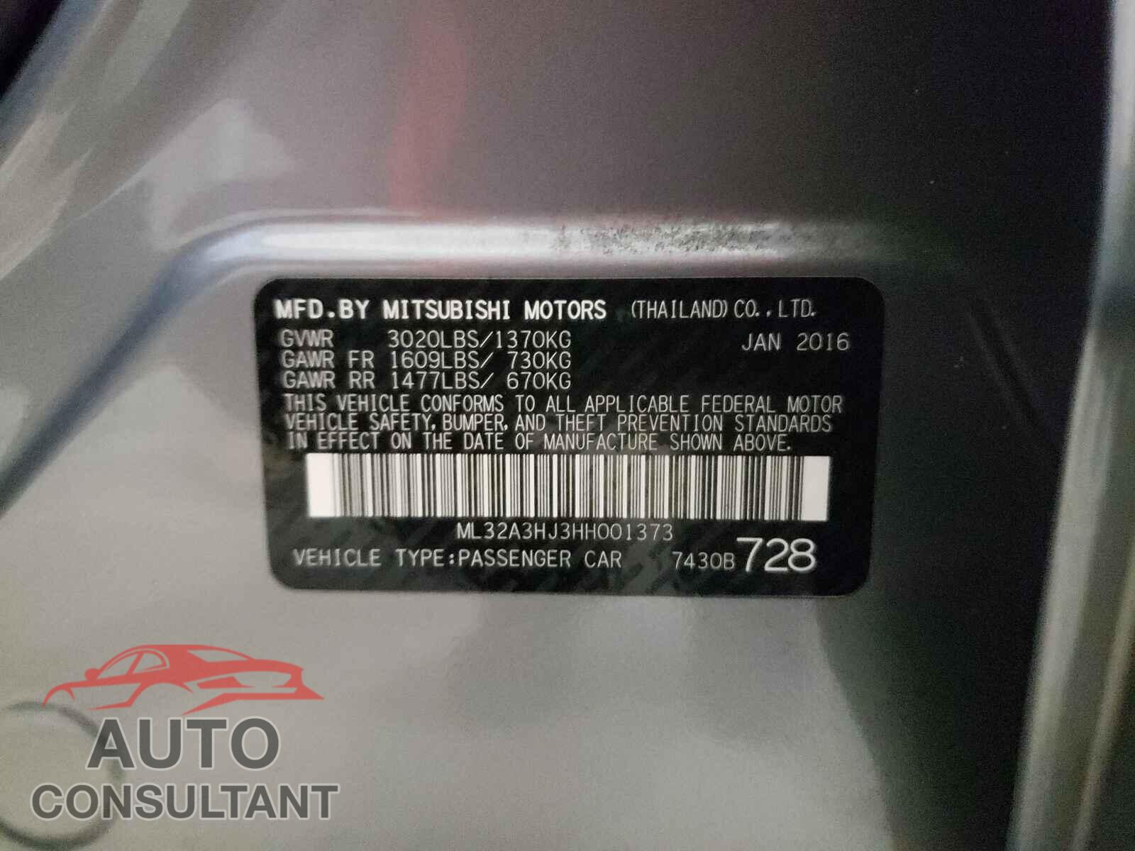 MITSUBISHI MIRAGE 2017 - ML32A3HJ3HH001373