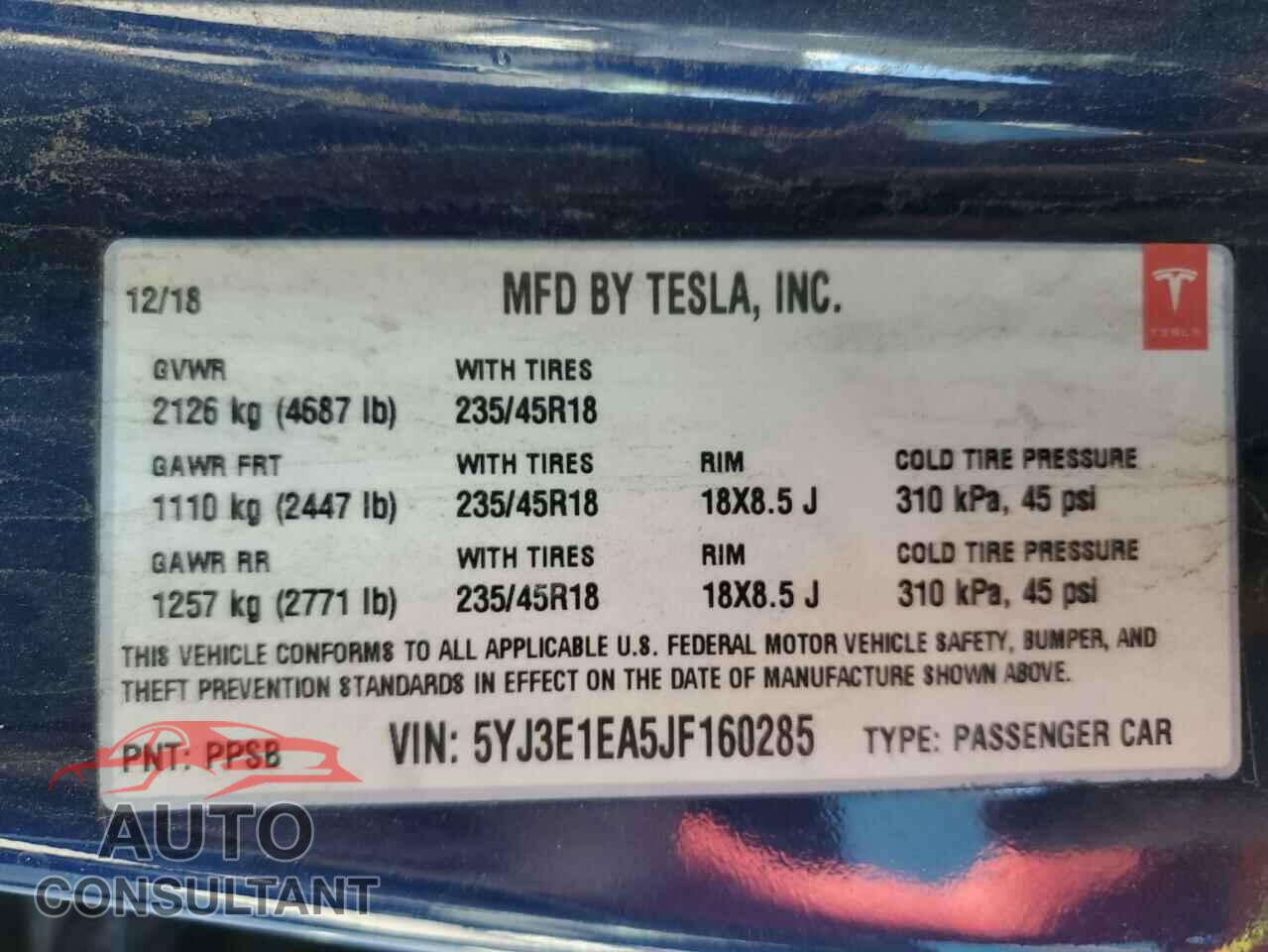 TESLA MODEL 3 2018 - 5YJ3E1EA5JF160285