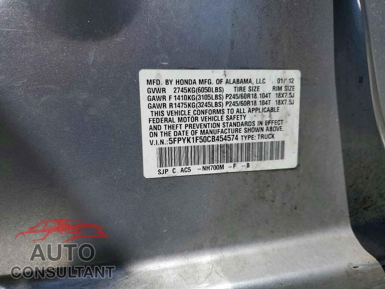 HONDA RIDGELINE 2012 - 5FPYK1F50CB454574