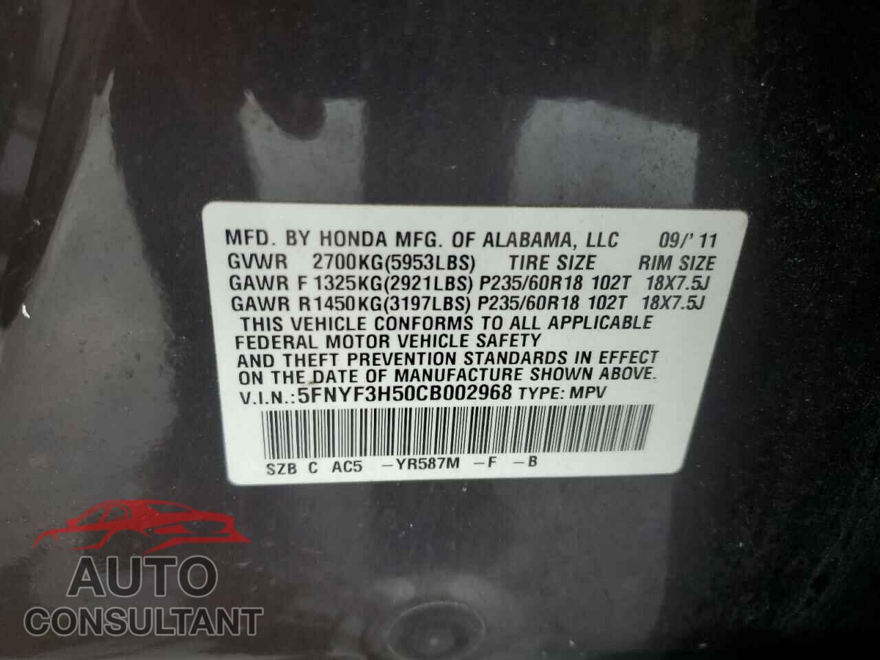 HONDA PILOT 2012 - 5FNYF3H50CB002968