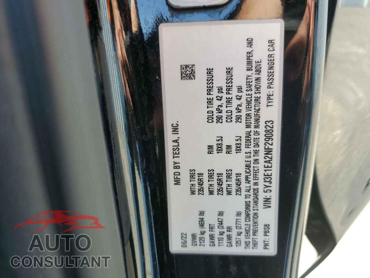 TESLA MODEL 3 2022 - 5YJ3E1EA2NF290823