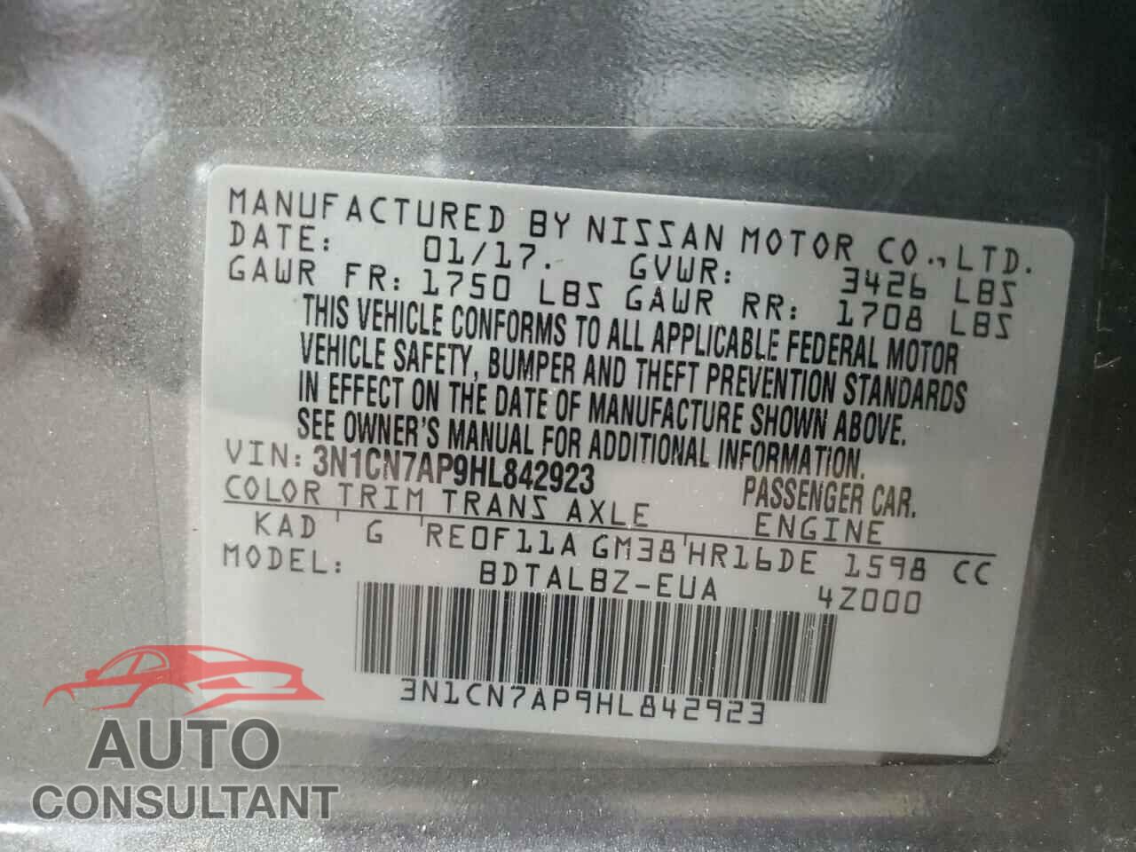 NISSAN VERSA 2017 - 3N1CN7AP9HL842923