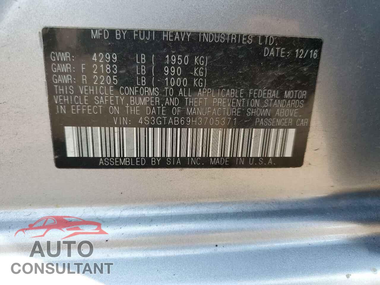 SUBARU IMPREZA 2017 - 4S3GTAB69H3705371