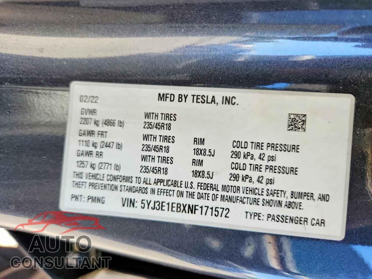 TESLA MODEL 3 2022 - 5YJ3E1EBXNF171572